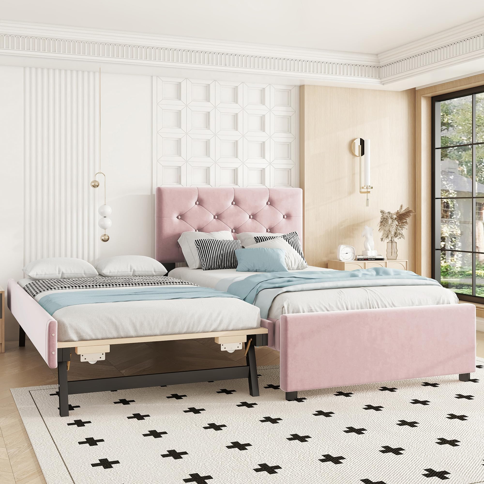 Cama acolchada 90 x 200 cm, somier (sin colchón), nido de terciopelo, minimalista (rosa)