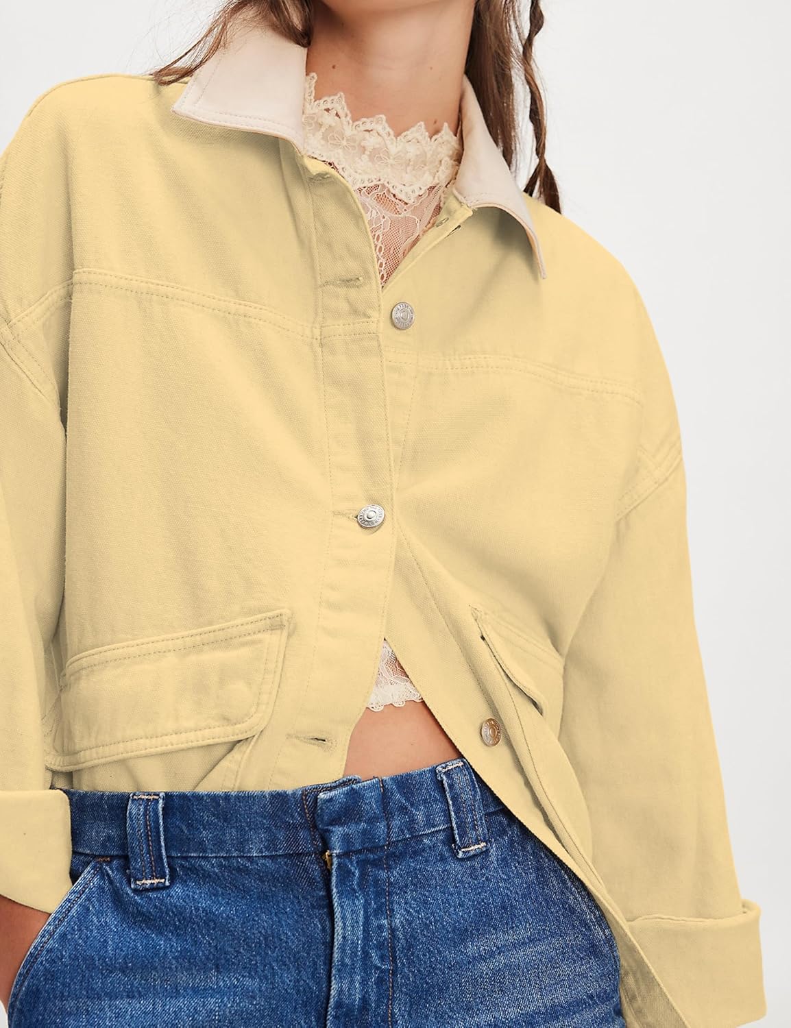 Lumister Women's Oversized Denim Jacket with Contrast Trim Long Sleeve Button Down Jean Coat with Pockets Outerwear - Image 6