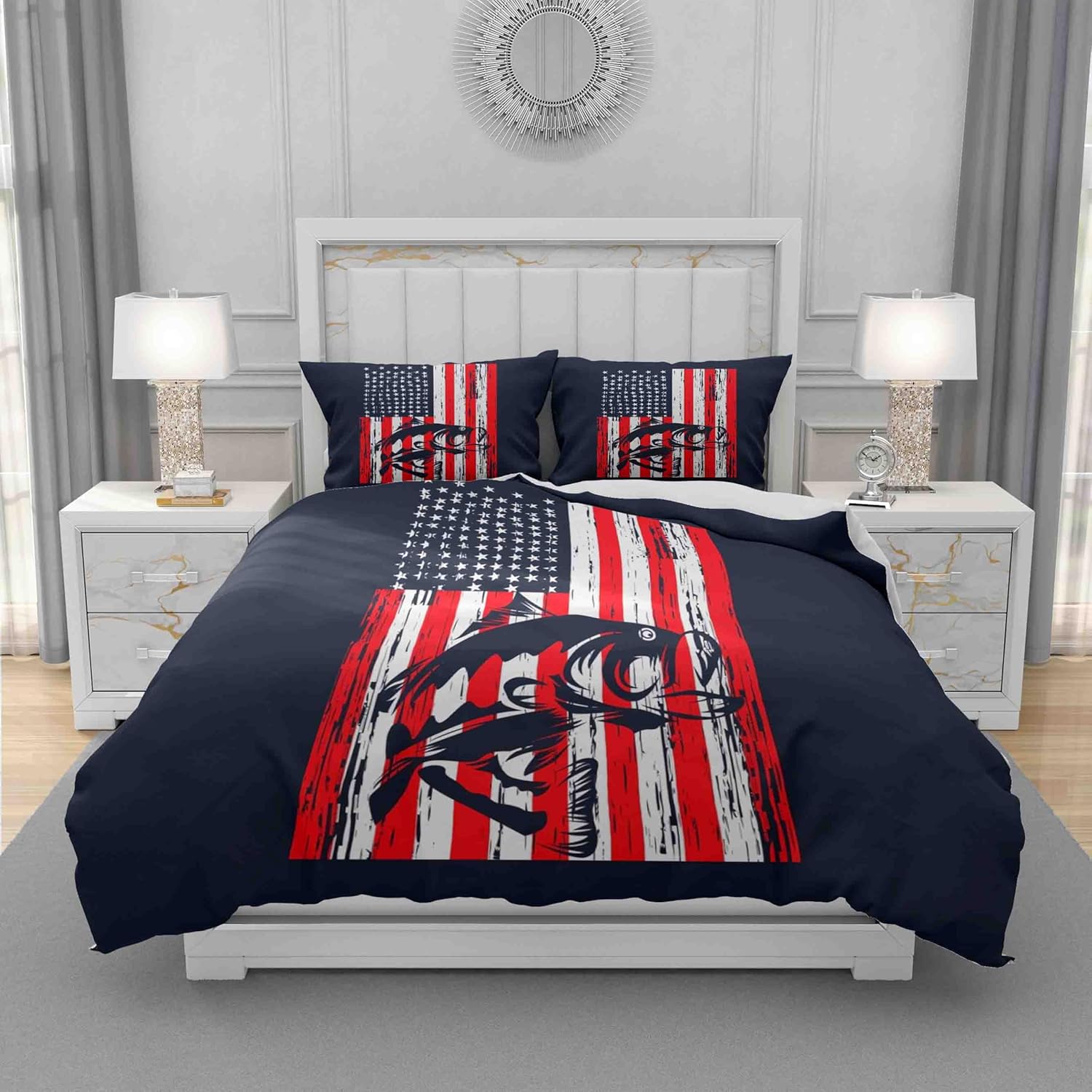 Duvet Cover Set Queen Size, Blue Nautical Coastal Starfish 3 Piece Bedding Duvet Set with Zipper Closure, Home Decor Microfiber Fabric Duvet Cover with 2 Pillow Shams for Bedroom