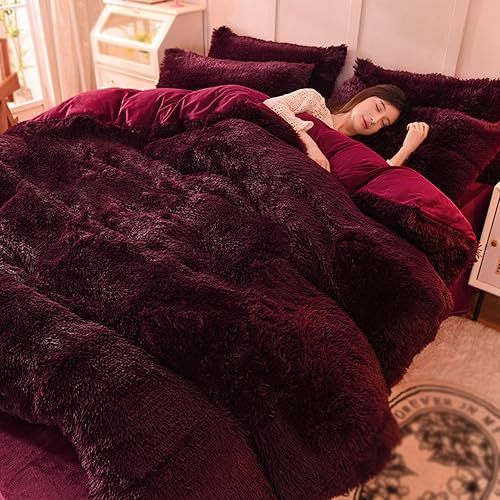 Juego de funda de edredón de lujo de pelo sintético lanudo y afelpado, súper suave de 4 piezas, juego de funda de edredón mullido rojo oscuro (1