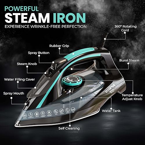 Miniatura 2 de Utopia Home Plancha de vapor para ropa, suela antiadherente, plancha de ropa de 1800 W con función de seguridad de apagado automático, control de