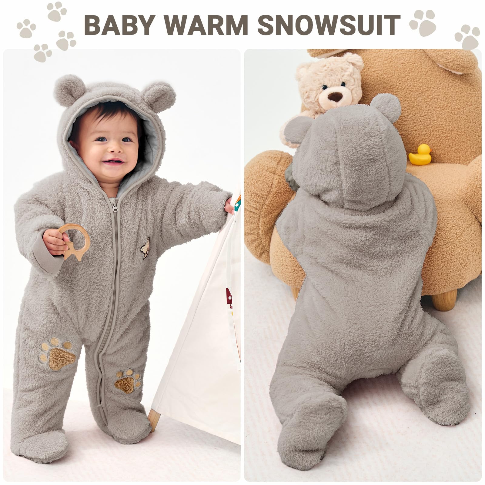 Monos de nieve para bebé de invierno con capucha, pelele de forro polar para niñas y niños, conjuntos cálidos - Talla 0-3 meses (59 cm), amarillo
