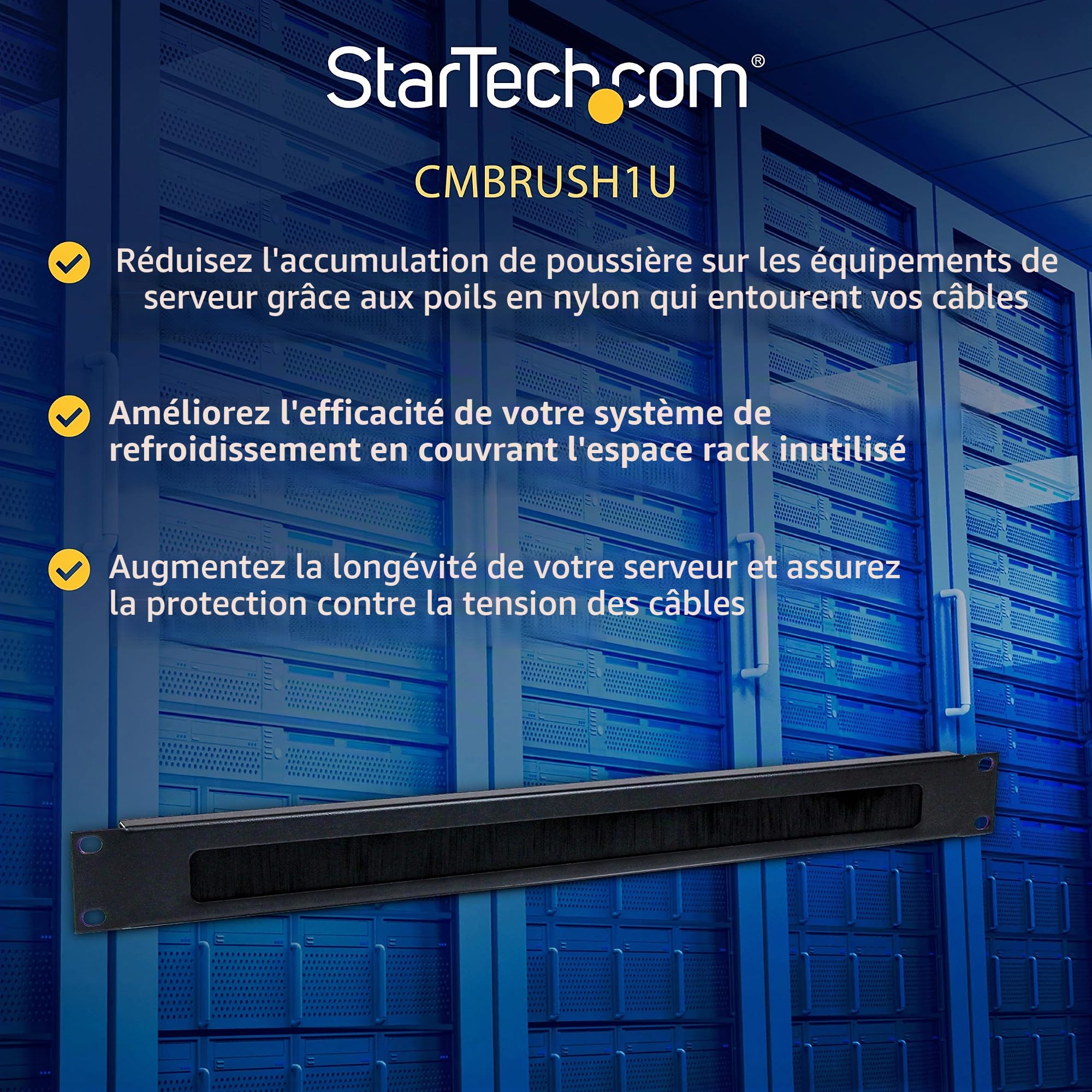 StarTech Panneau Câbles à Brosse 1U Horizontal, Rack 19", Acier (CMBRUSH1U)