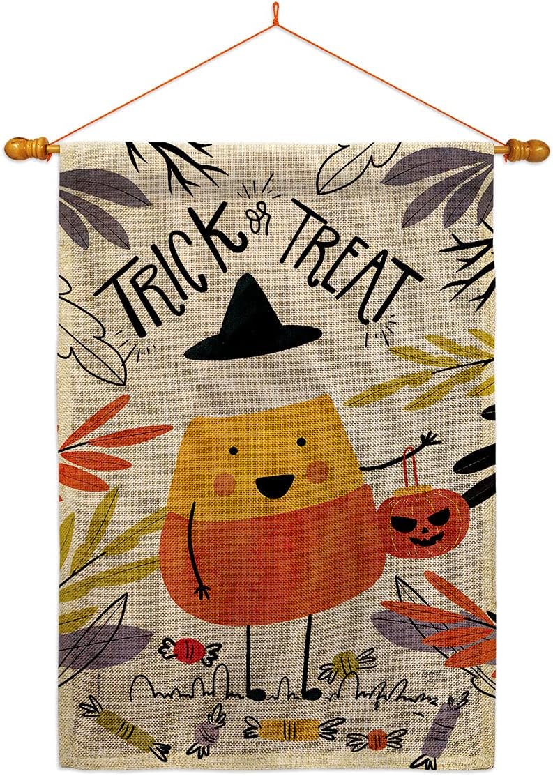 Candy Corn House Flag Dowel Set Falltime Halloween Witch Trick or Treat Spooky Night Black Cat Season Autumntime Pumpkin Small Decorative Gift Yard Banner Made In USA 28 X 40