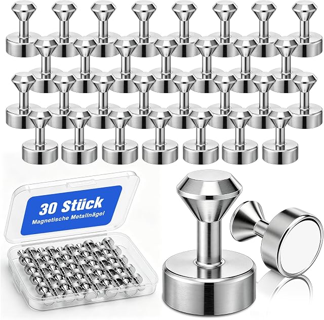 30 Stück Magnete Stark, 12×16 mm Neodym Magnet Extra Stark kegelförmige Mini Magnete mit Aufbewahrungsbox, geeignet für Magnettafel, Kühlschrank, Bürobedarf, Schulbedarf und Küchendekoration, Silber
