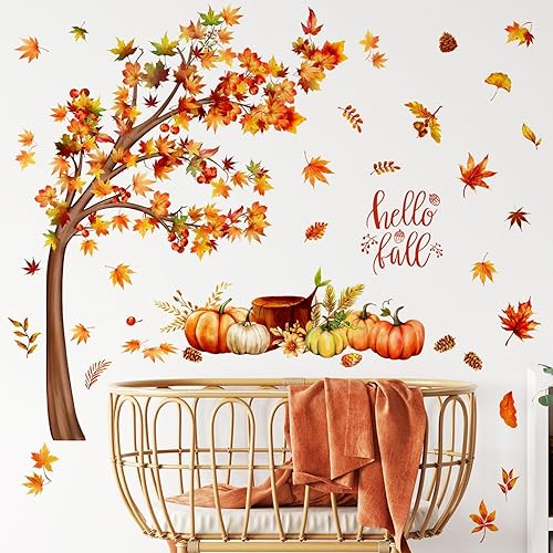 Miniatura 9 de Calcomanías de pared de otoño, nueces, calabaza, arce, calcomanías de pared removibles de otoño para despegar y pegar, calcomanías de vinilo de