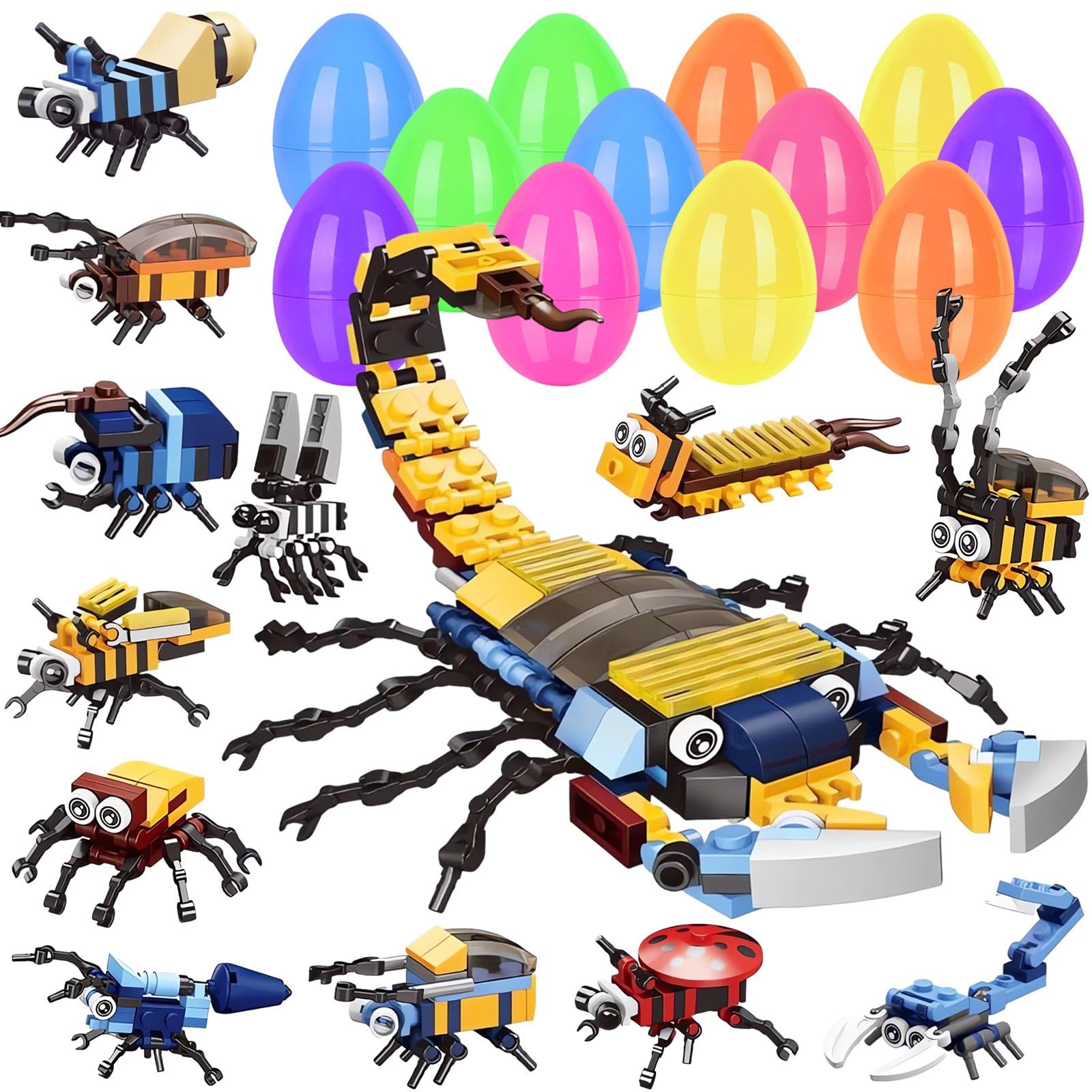 12 Pack Easter Egg Surprise Insects Building Blocks Set, Exotic Insect Figures & Construction Toys Inside Colorful Eggs, STEM Educational Gifts, Classroom Prizes Birthday Gifts