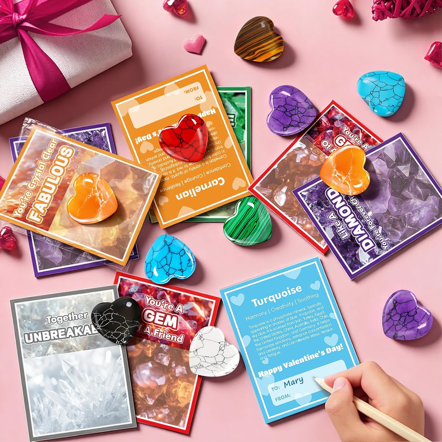 Jumlys Valentines Day Gifts for Kids, 24 Packs Valentines Day Cards with Heart-shaped Gemstone for School, Valentine Day Party Favors for Boys Girls, Ideal Exchange Cards for Classroom