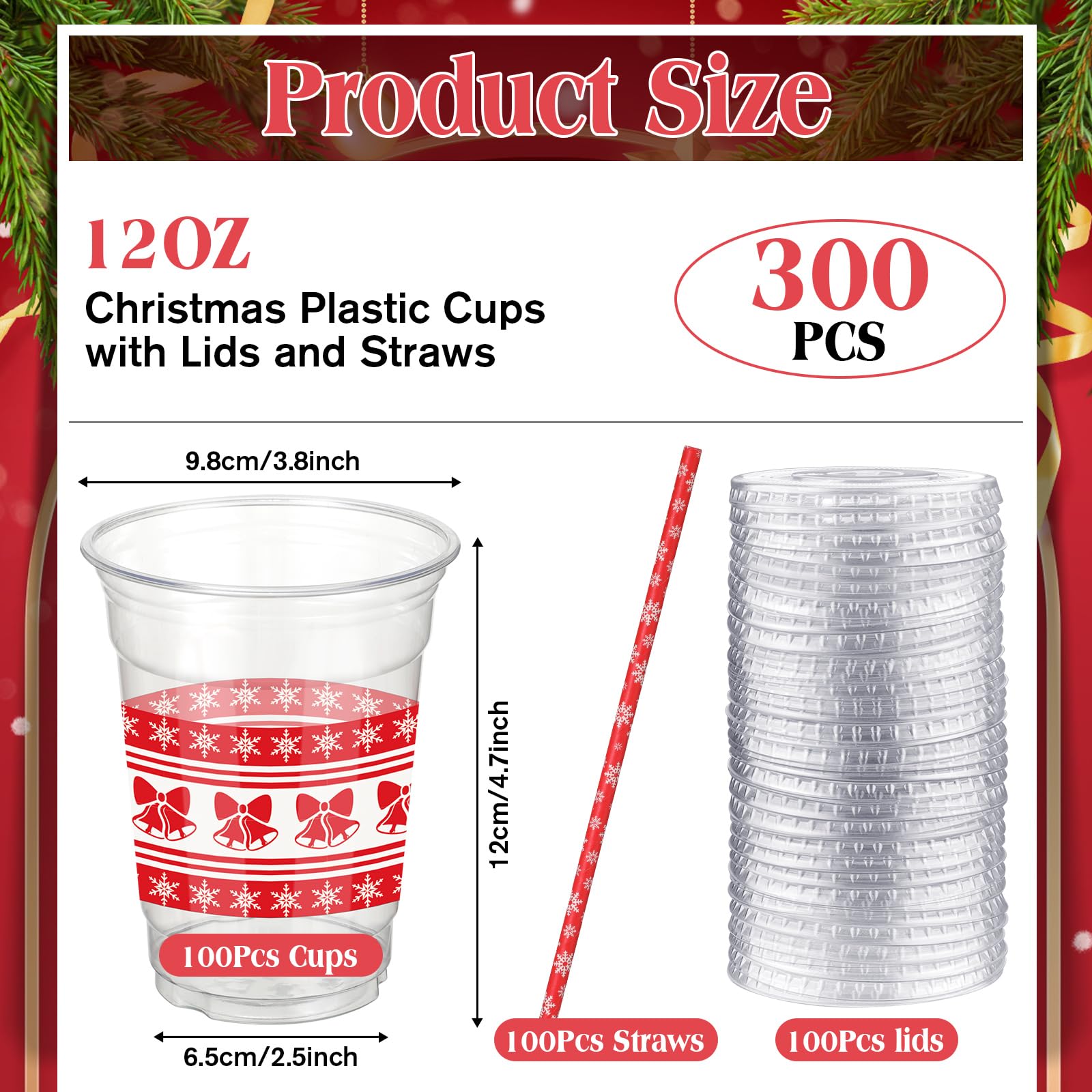 Yaomiao 300 Pcs 12 oz Christmas Plastic Cups with Lids and Straw Christmas Plastic Cups Happy Christmas Disposable Clear Cups Xmas Party Holiday Cups for Beer Snacks Coffee Party Supply