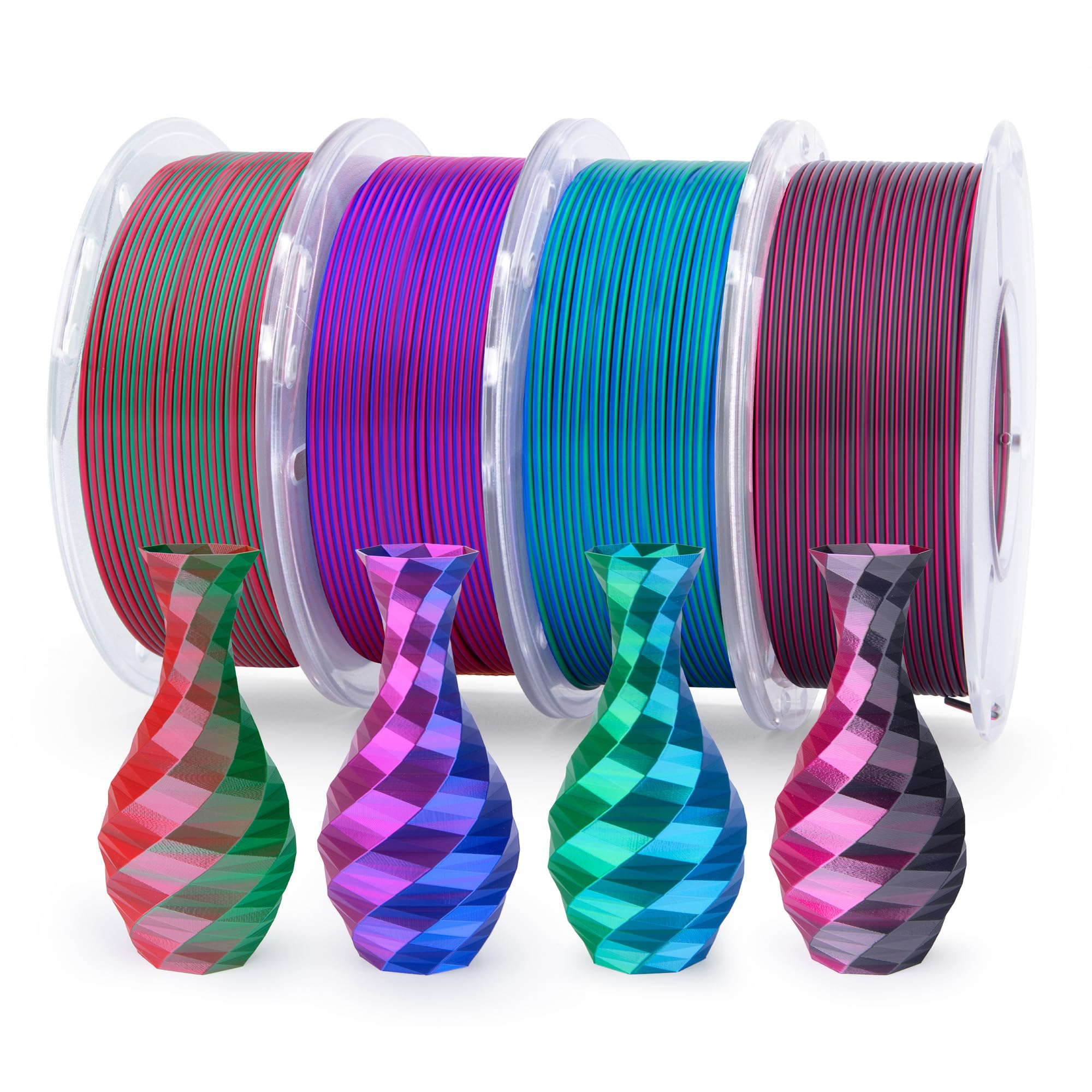 ELEGOO Filamento Seta PLA 1,75 mm Multicolore 4×250 g, Silk PLA Filamento per Stampante 3D Precisione dimensionale +/- 0,02 mm, Set da 4 bobine da 250 g, Verde Rosso/Blu Magenta/Nero Rosso/Blu Verde
