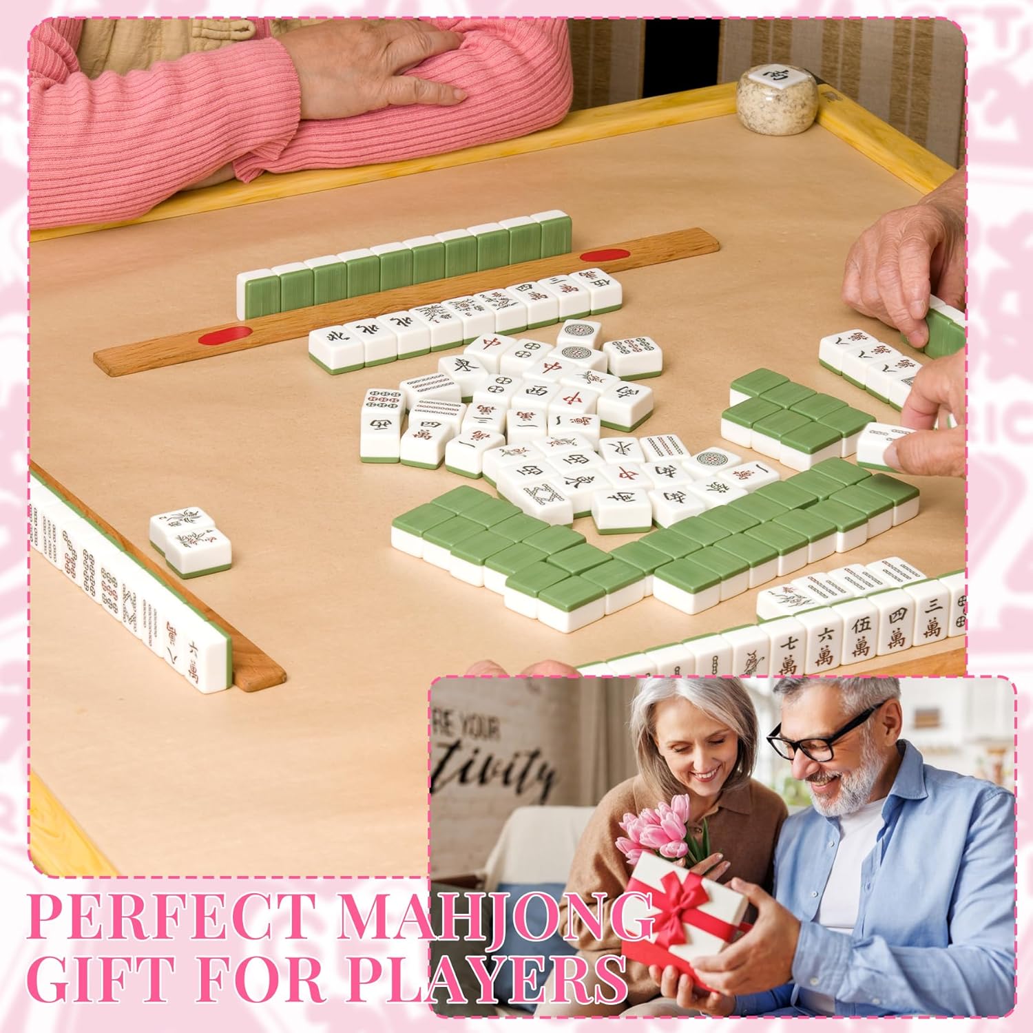 Empty Mahjong Tiles Bag with 4 Pcs Acrylic Mahjong Line Finder Cards,Mahjong Tile Bags with Zipper for Game Party Travel Gatherings Accessories 9.4 x 6.1 x 3.1 in (Pink)