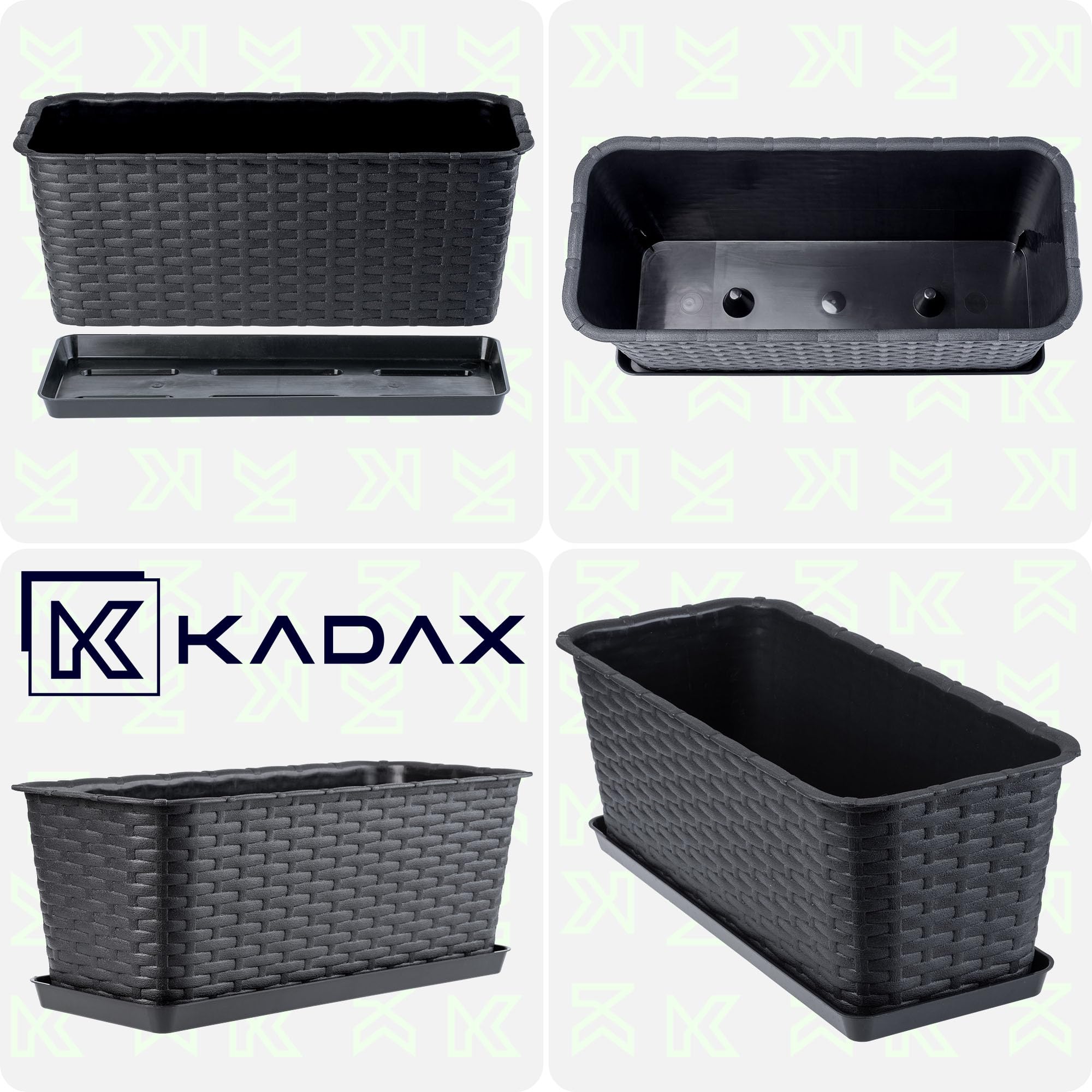 KADAX jardinière Lezucha 40 cm avec Soucoupe - Anthracite Plastique Aspect rotin - pour Balcon - Soucoupe récupératrice et Trous de Drainage Anti-débordement pour l’arrosage