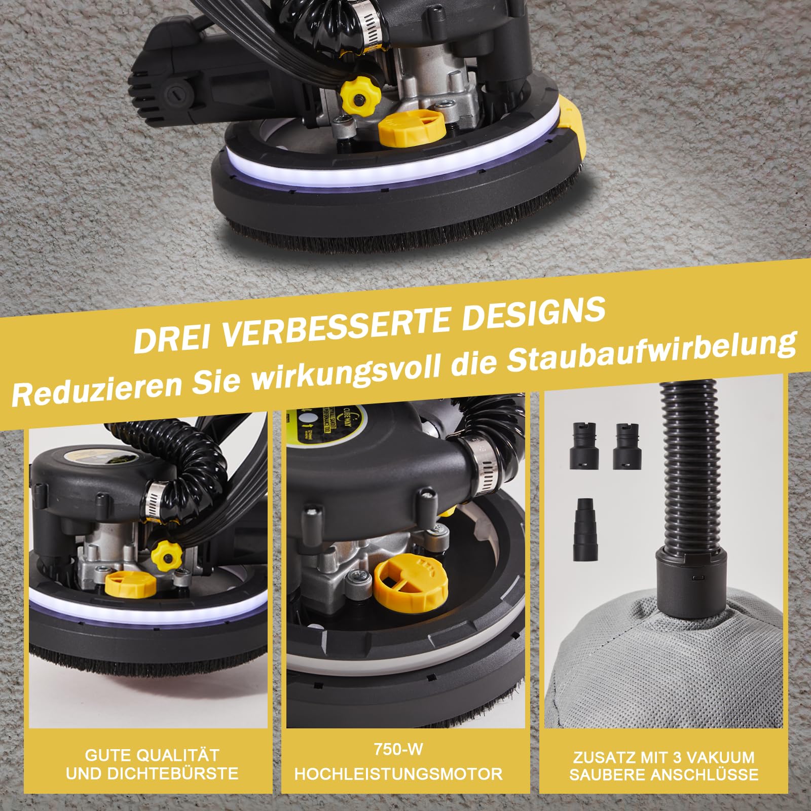 Trockenbauschleifer, 750W Wandschleifer mit Automatischem Vakuumsystem und Ø 214mm Schleifgiraffe inkl Absaugbeutel LED-Licht, 7-Gang Getriebe, 900-1800RPM Deckenschleifer, Faltbarem Griff