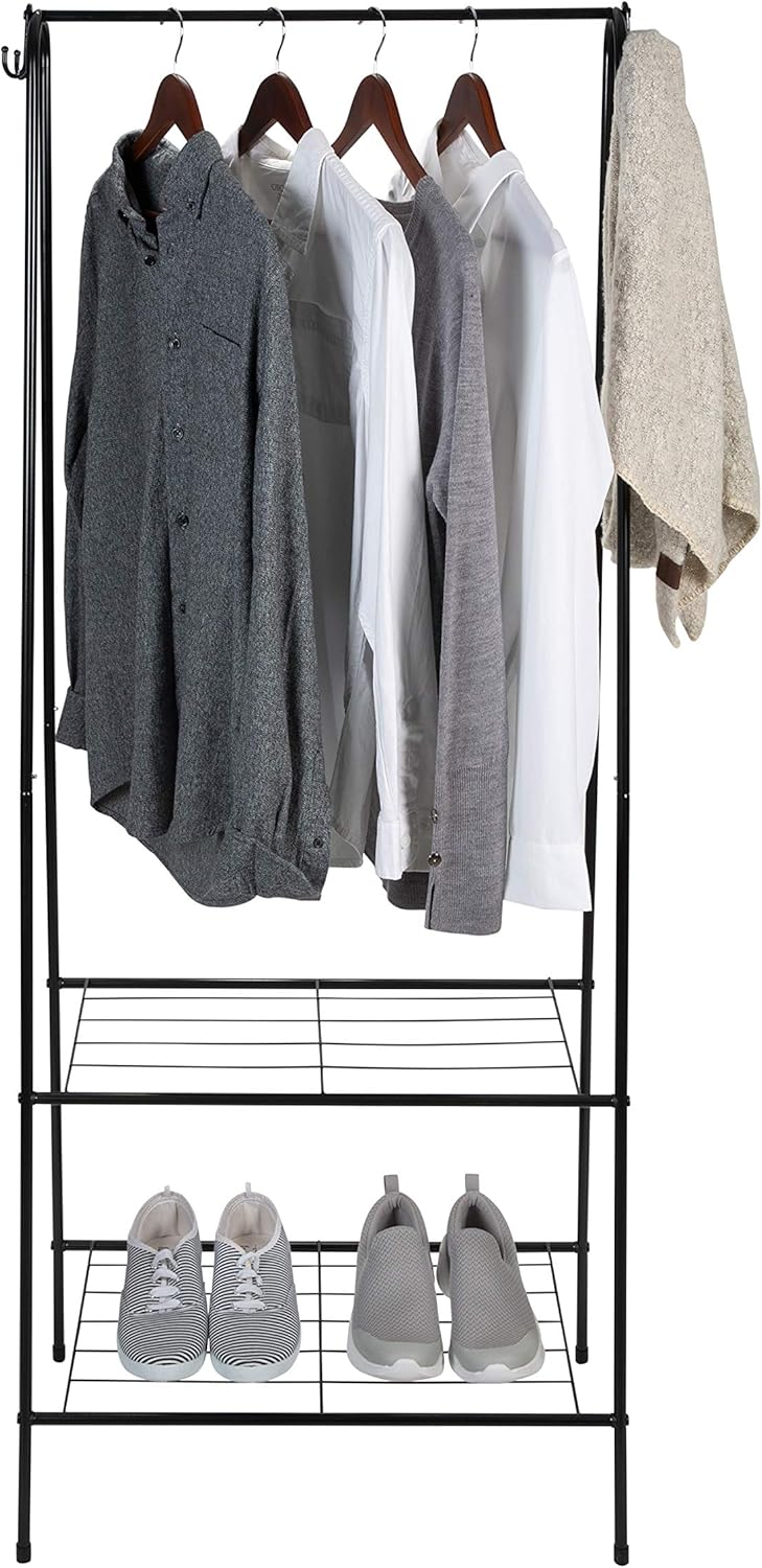 Black Metal Freestanding Clothing Rack with Shelves and Hooks
