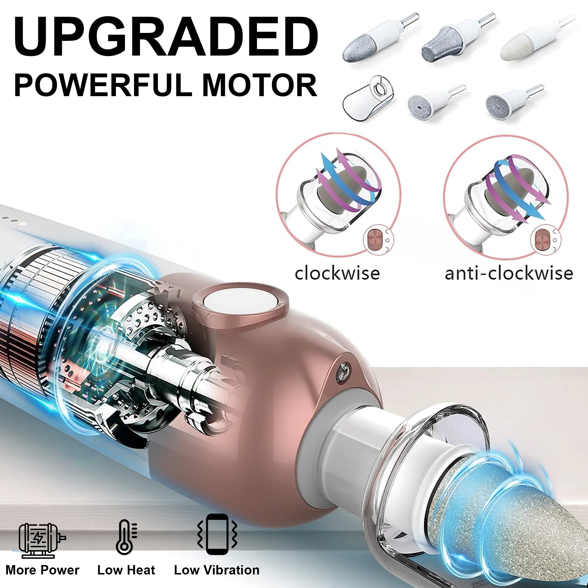 Electric Nail Drill, Portable Manicure and Pedicure Set including 6 Drill Bits, Adjustable 5 Speed LED Light - Image 3