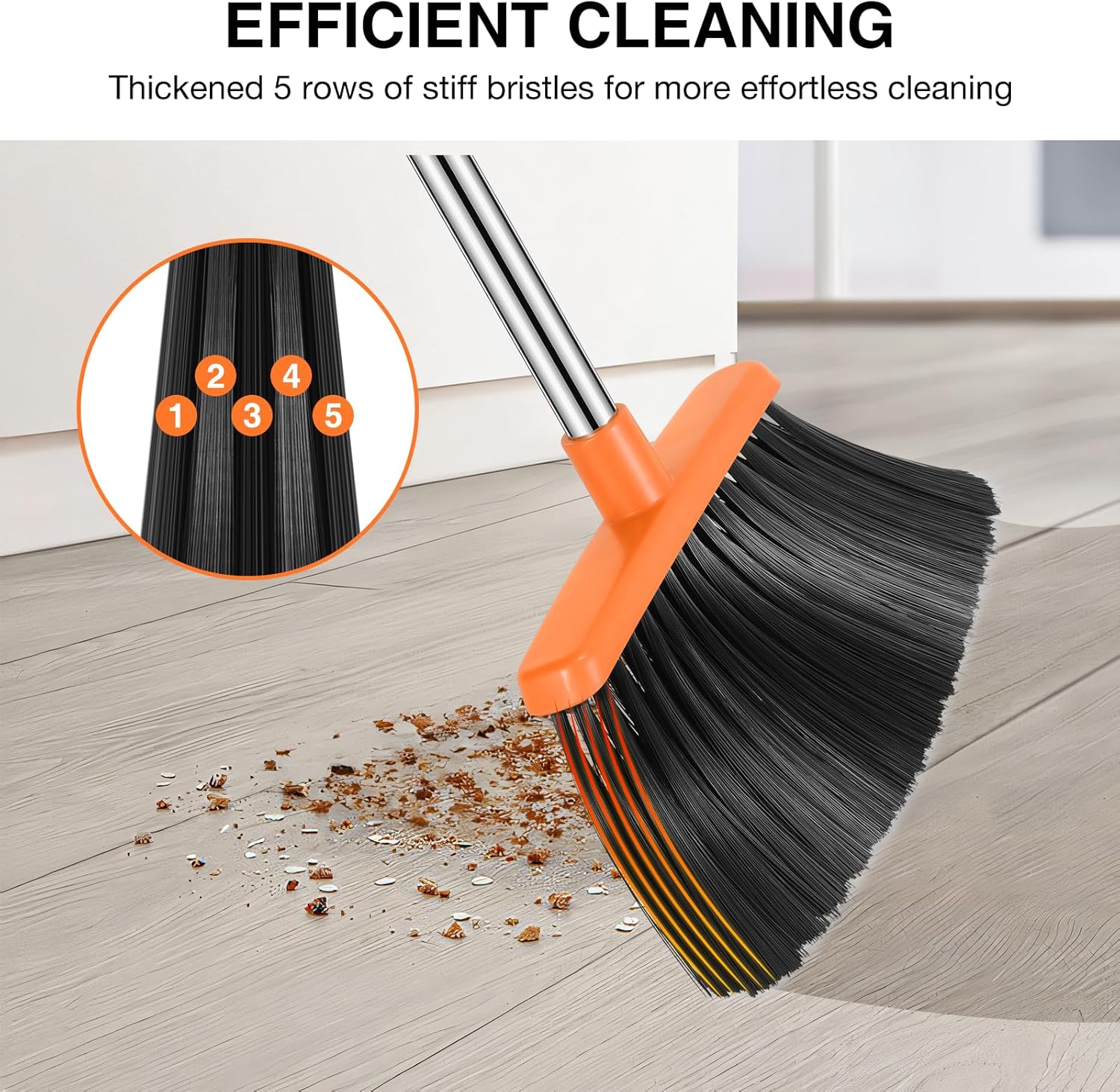 NACENA Broom and Dustpan Set, 52-in Long Adjustable Handle Broom Dustpan Combo with Dustpan Teeth to Automatically Clean Hair Suitable for Home Kitchen Office Hall Floor (Black&Orange), 4 Pack