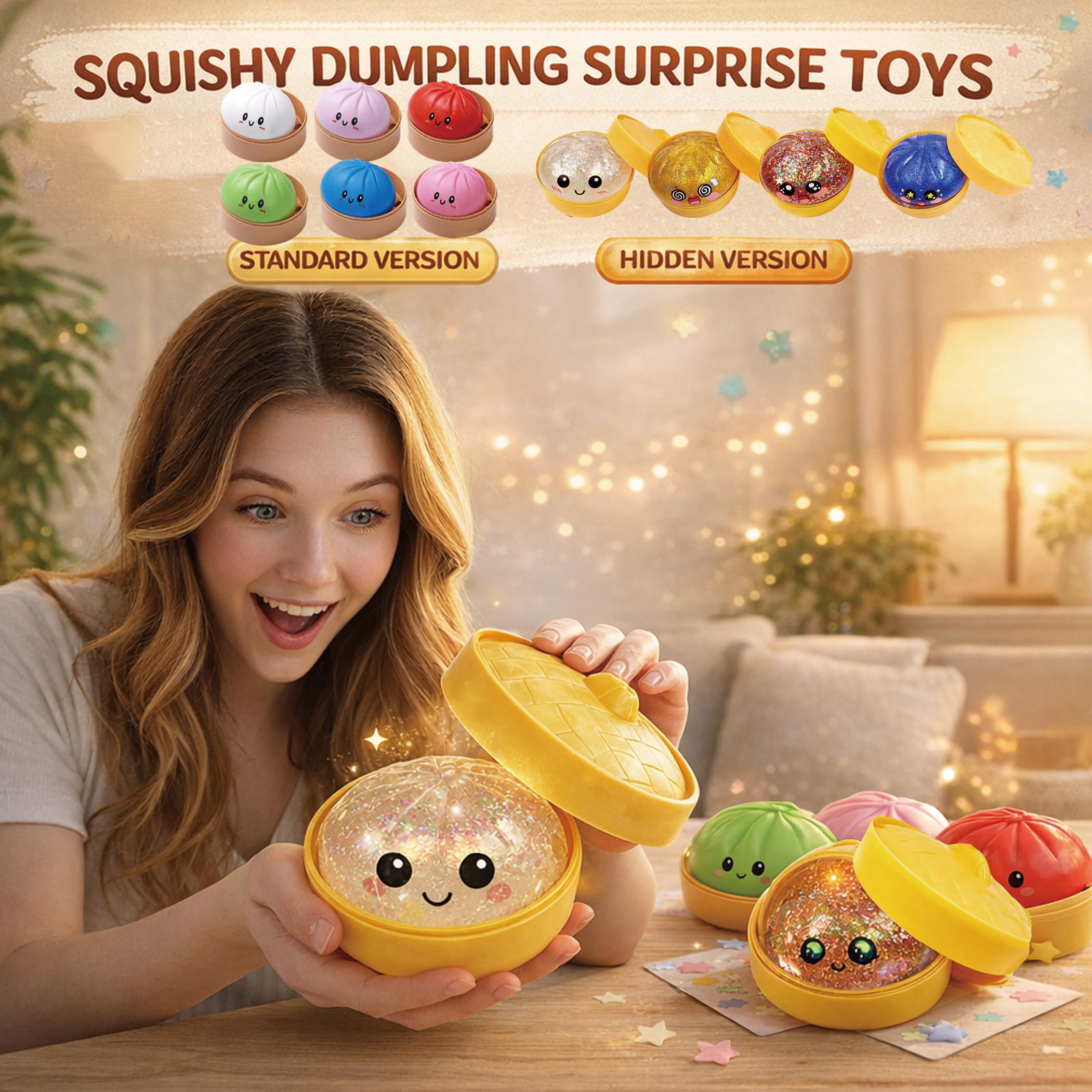 Glitter Dumpling Squishy - Random Glitter Dumpling Box, 10 Colors Dumplings Squishy Toy, More Surprises (Random-4PCS) — view 2