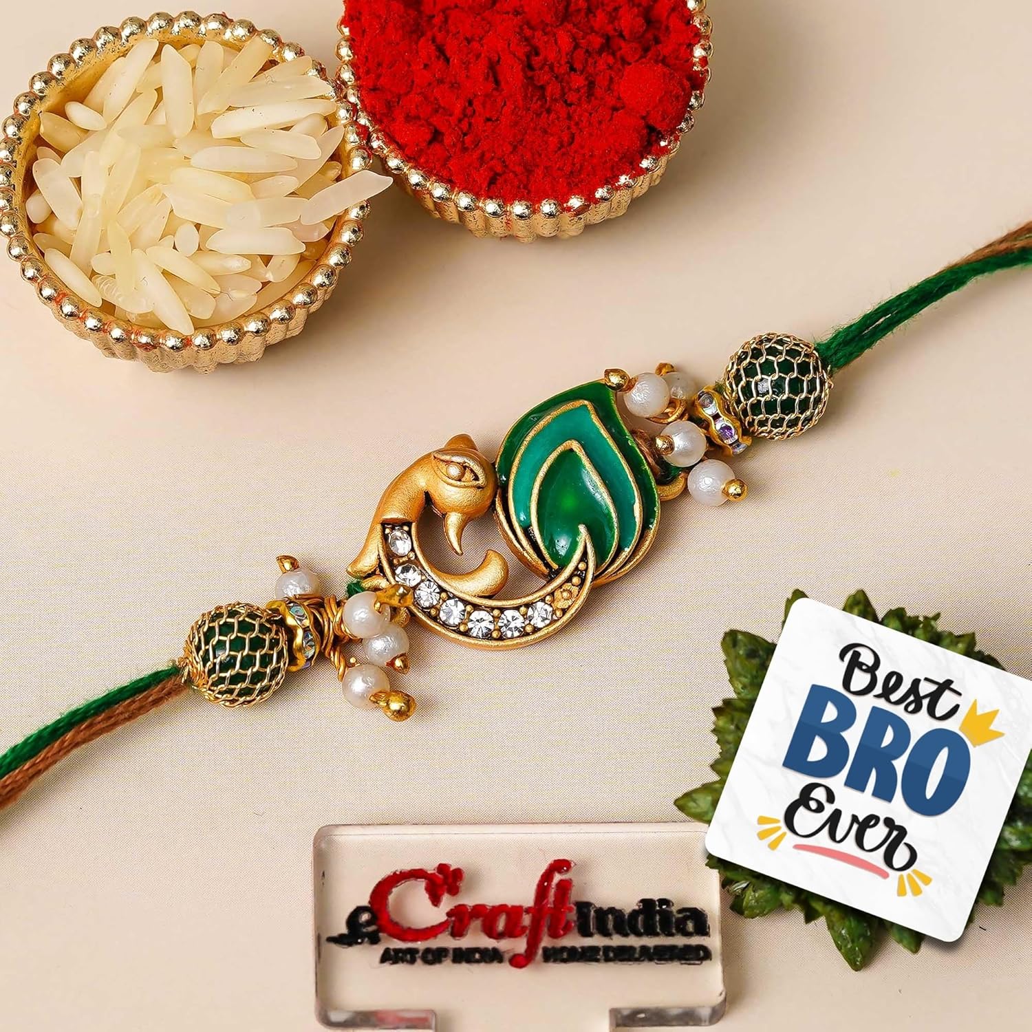 eCraftIndia Designer Peacock Rakhi for Brother With Gift Combo Set Hamper | Raksha Bandhan Rakhi for Bhai Bhaiya Kids Boy | Best Bro Ever Fridge Magnet | Roli Chawal Pack