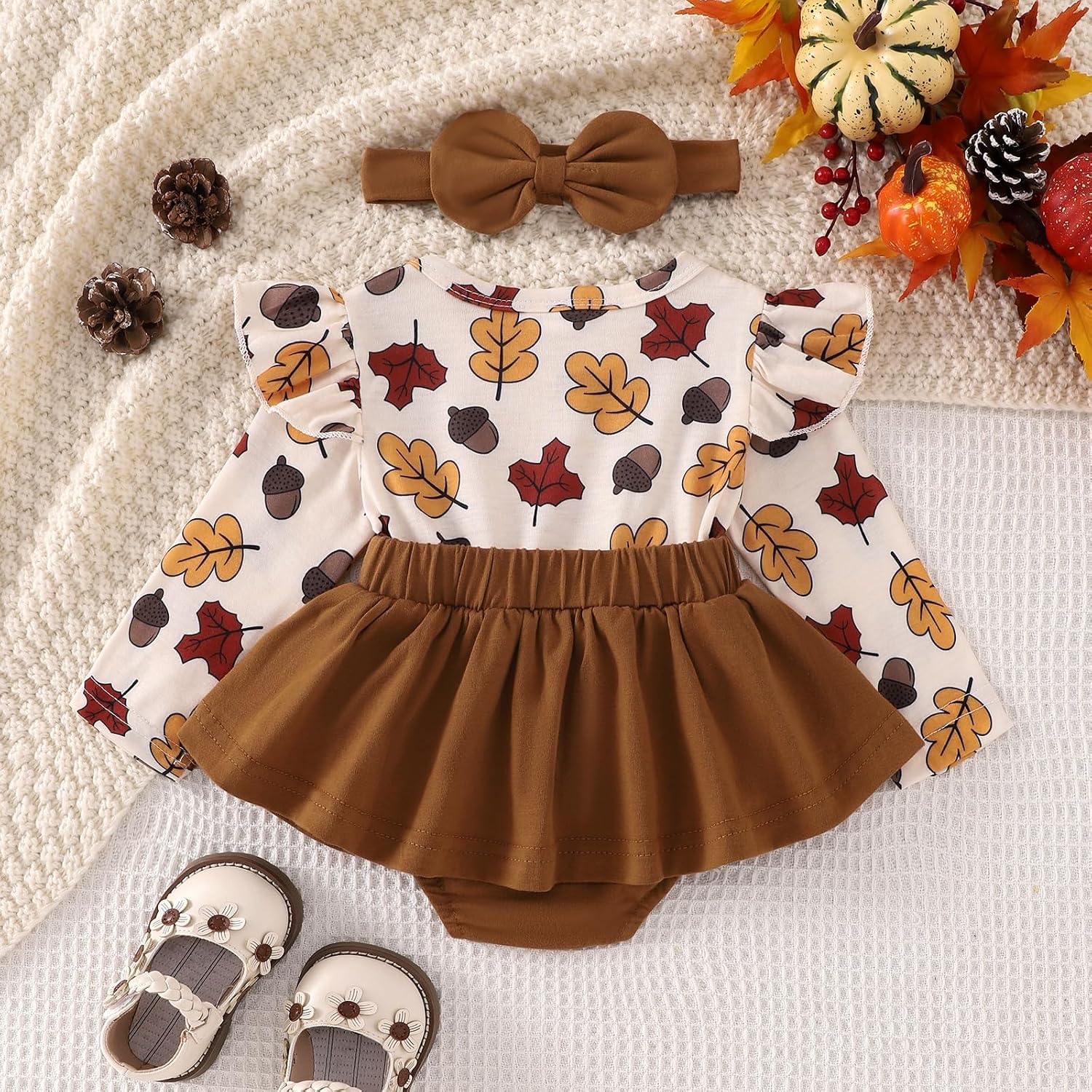 Thanksgiving Baby Girl Outfits Infant Clothes Long Sleeve Ruffle Autumn Leaf Romper Turkey Skirt Headband 2Pcs Set