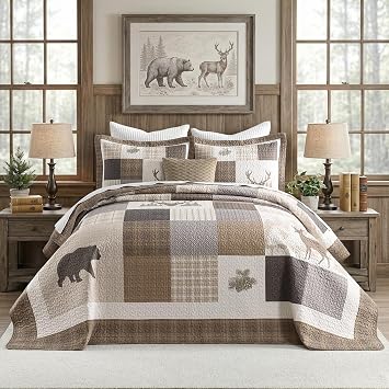 Cabin Bedspread Queen Size 102"x120", 100% Cotton Oversized Queen Quilt, Lodge Cabin Farmhouse Quilted Bedspreads, Brown Gray Plaid Lightweight Quilt Bedding Sets for All Season, 3 Pcs