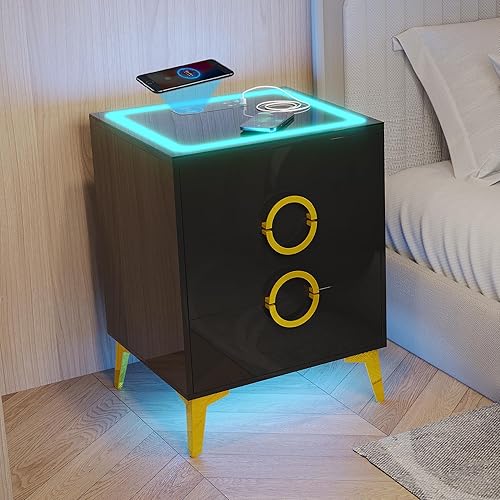 dnbss Juego de 2 mesitas de noche negras con estación de carga, mesita de noche LED con luces RGB de 24 colores, mesita de noche inteligente