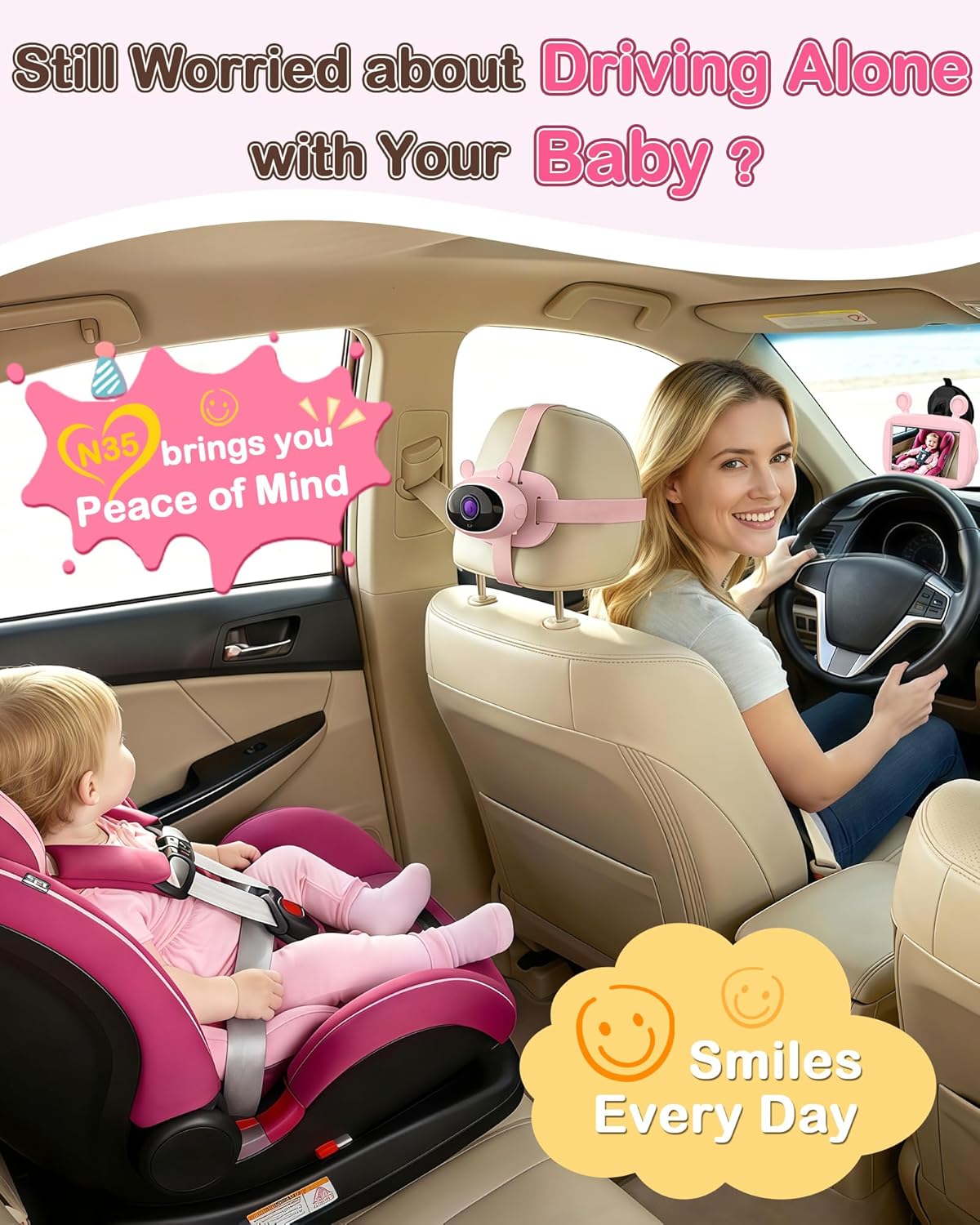 Yakry HD 1080P Baby Car Camera: 3-Min Easy Install Auto IR Night Vision Real-Time View for Clear Baby Checks - Backseat Camera with Cute Pink Design for Infant