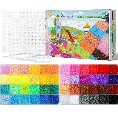 24000 x Fuse Beads Kit, LIHAO 48 Colors 2.6mm Mini Fuse Beading Kit, Multicolored Iron on Fused Beads Kit, Great Supplies for Fuse Beads Artist, Kid's Birthday Gift - Color Type 2