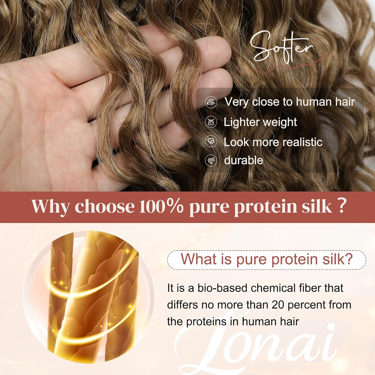 LONAI 4PC Clip in Hair Extensions, 100% Pure Protein Silk Curly Hair Extension for Women, 26 Inch Long Soft Natural Hair Extensions-Dark Blonde to Light Brown - Image 3