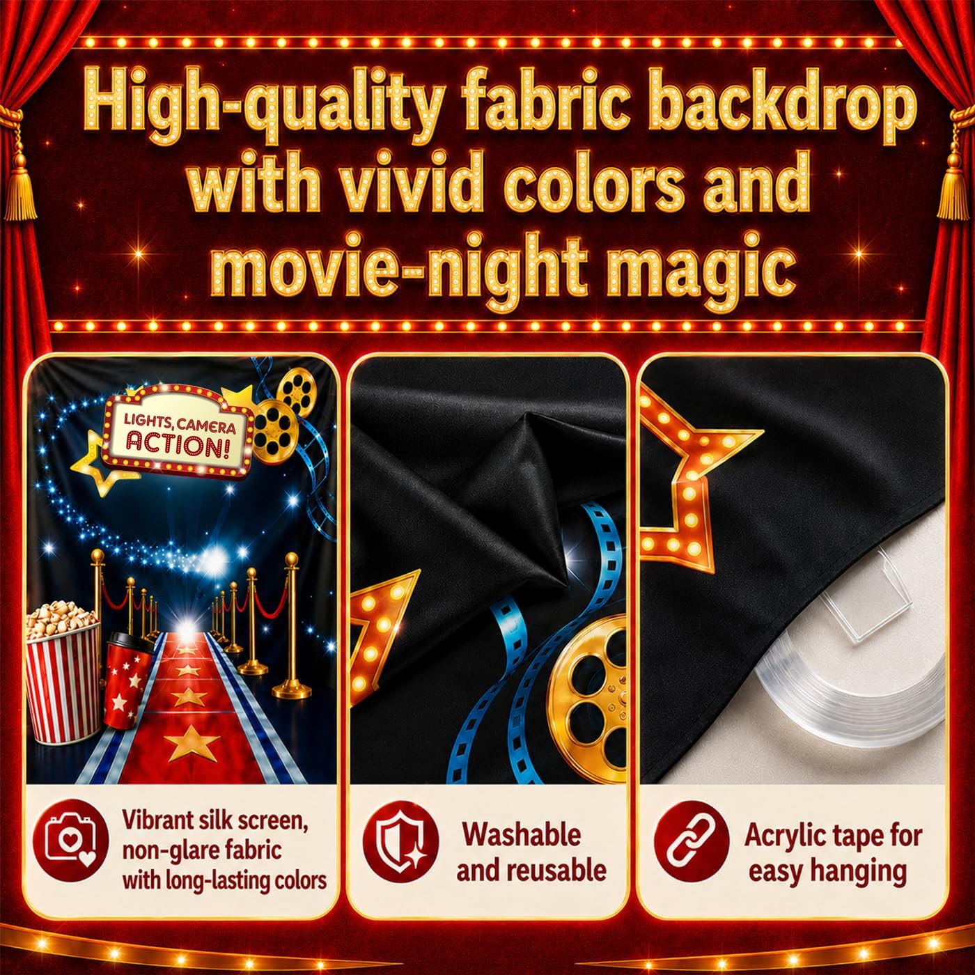 Hollywood - Movie Theme Photography Backdrop and Studio Props DIY Kit. Great as Dress-up and Awards Night Ceremony Photo Booth Background, Vintage Costume Birthday Party Supplies and Event Decorations image 5