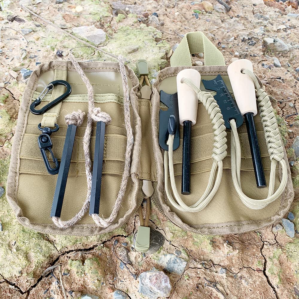 Fire Starter Survival Kit, größere Ferrostange mit Striker Lanyard 7,6 cm langer Feuerstein und Stahl, 35,1 cm Docht Hanfschnur, multifunktionale Tasche (Braun - Mehr Zubehör) | Größere Ferro-Rute mit Schlagband, 7,6 cm langer Feuerstein und Stahl, 35,1 c