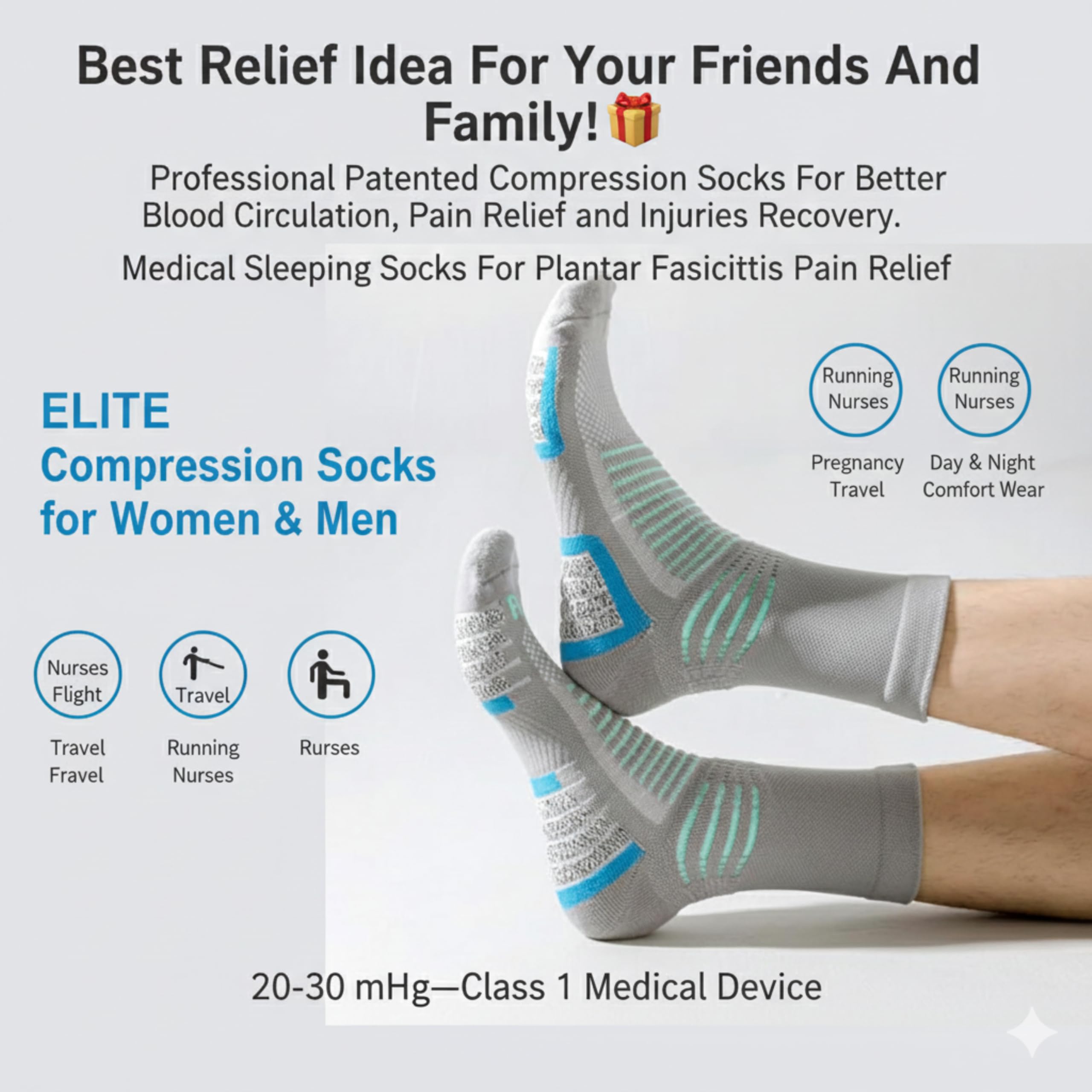 LOVELUX Crew Socks for Women & Men Circulation, Diabetic and Neropathy Pain Relief, Swelling, Neuropathy, Runner, Nurses, Travel, Pregnancy, Flying - Pack of 2- (Grey+ Cyan) 2