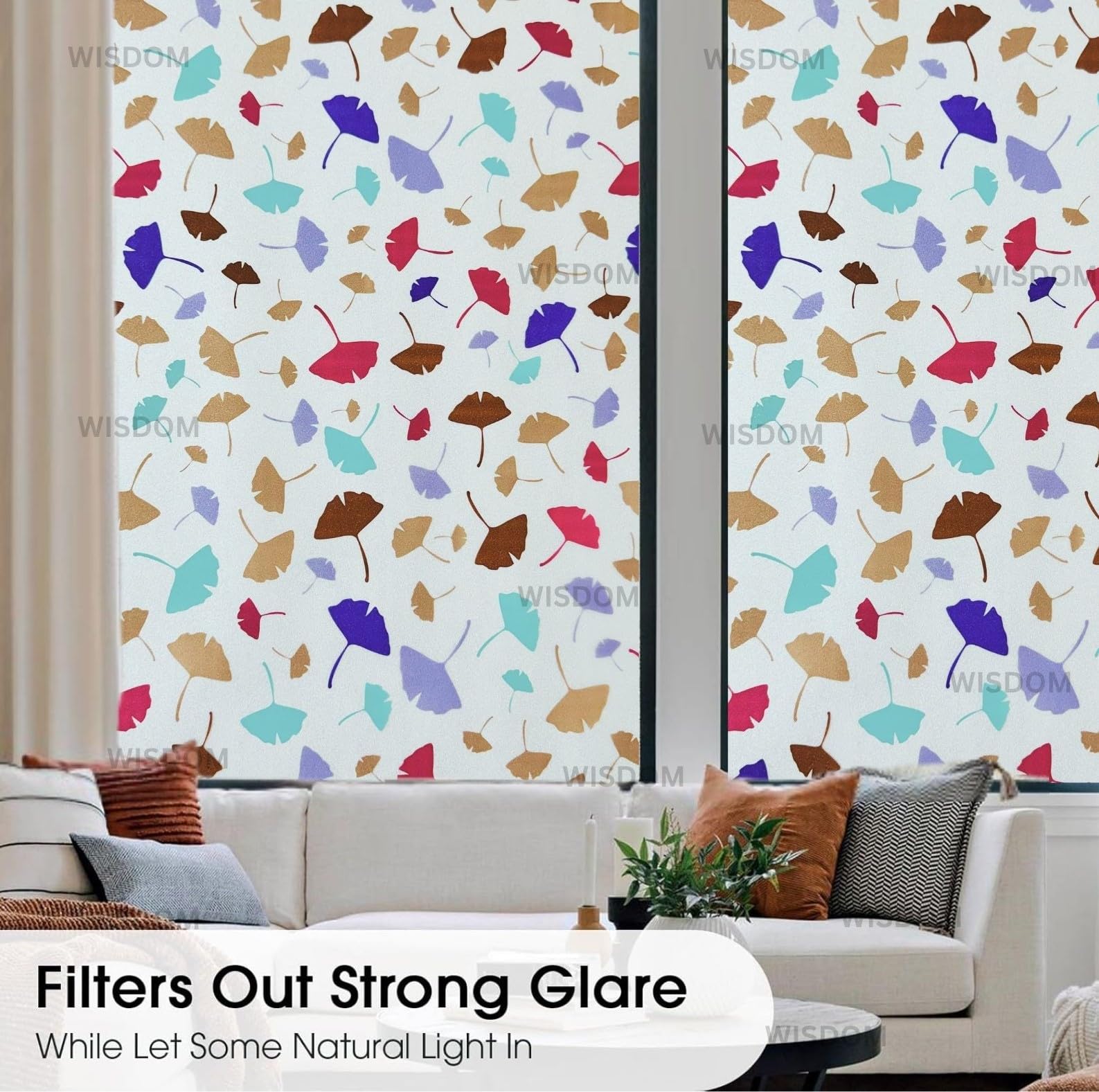WISDOM Premium Frosted Glass Window Film Self Adhesive Decorative Glass Window Privacy Sheet Film UV Control Removable Vinyl Privacy Film (Color Leaves, 12x36 Inch) 2