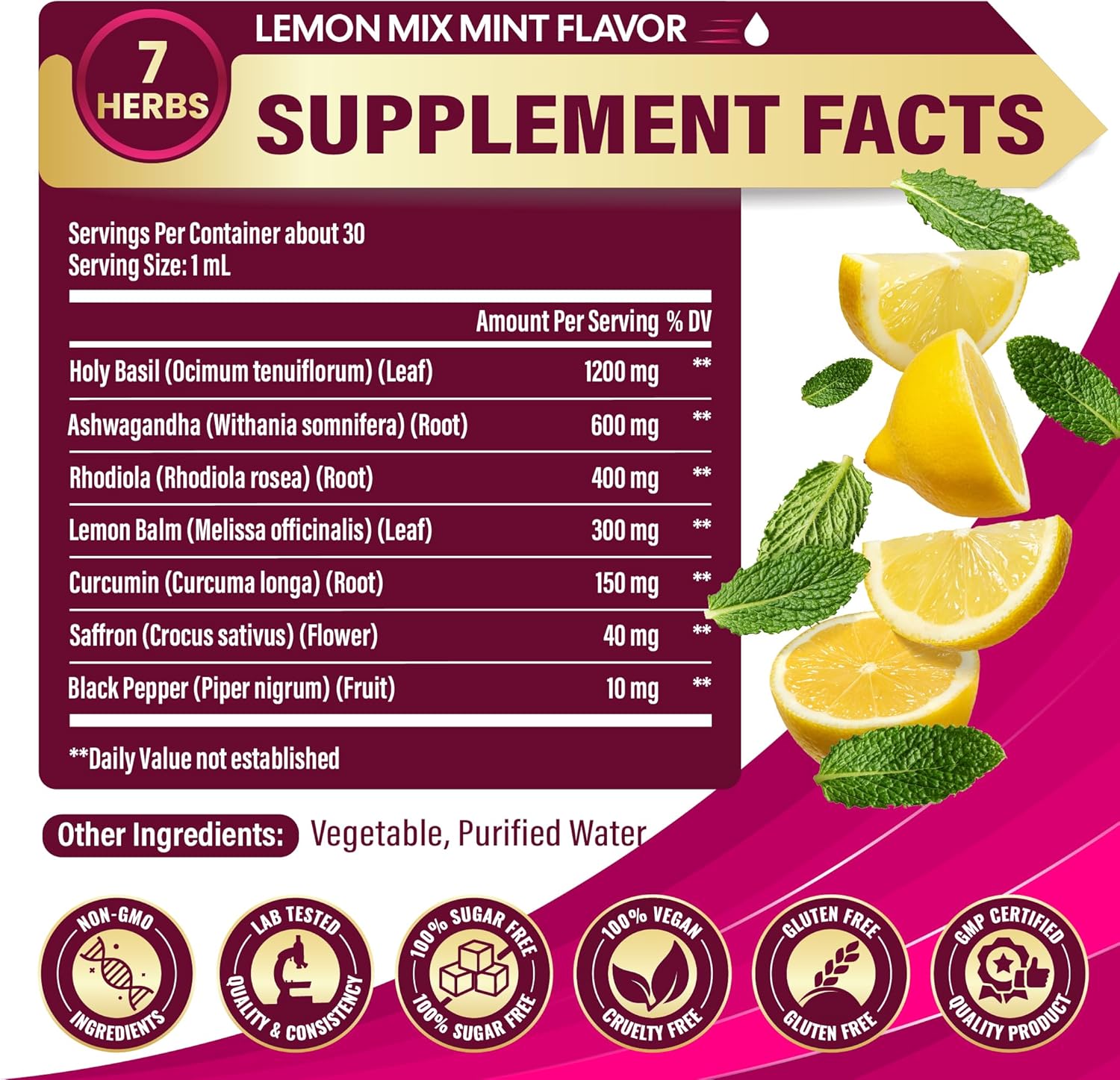 7in1 Holy Basil Tincture with Ashwagandha, Rhodiola Rosea, Lemon Balm, Curcumin, Saffron, and Black Pepper - Support Relaxation - 30ml 1 Fl Oz - Image 2