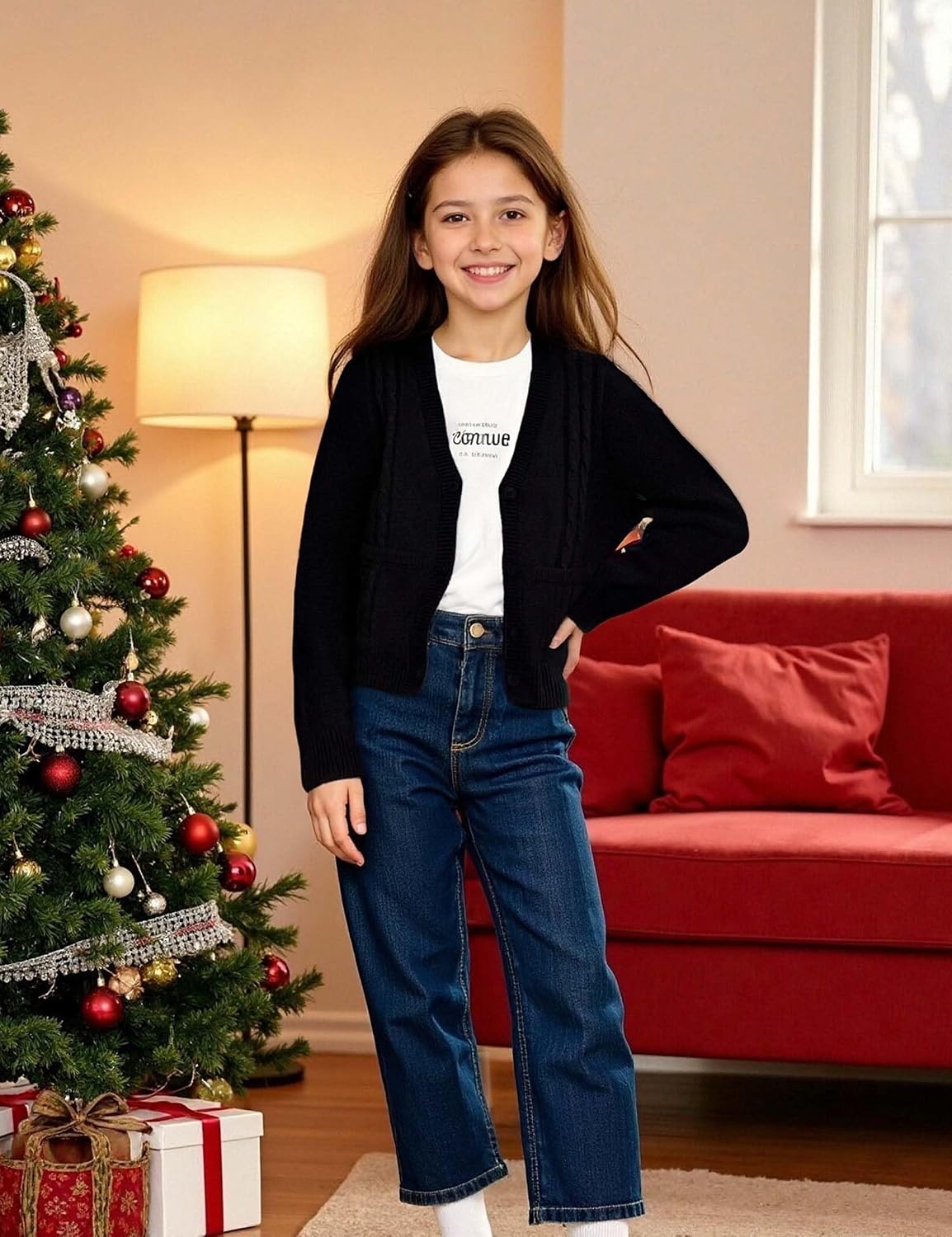 Girls' Cardigan Sweater Long Sleeve Button Down Knit Sweater with Pockets School Uniform Outerwear 4-13 Years