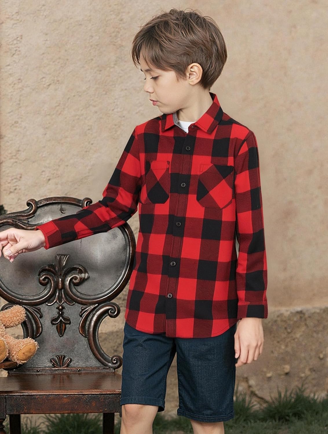 WARHORSEE Boys Flannel Shirts Long Sleeve Kid Plaid Button Down Shirt