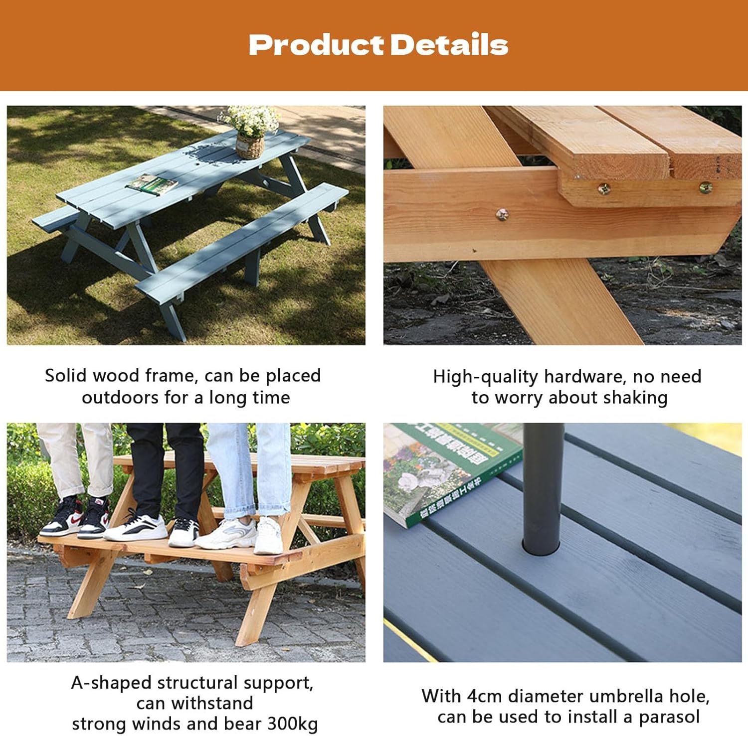 Wooden Picnic Table with Bench Outdoor Camping Table Chair Set 6 Person Patio Dining Table with Umbrella Hole for Deck Lawn Garden Backyard(Blue,120x55x60cm)