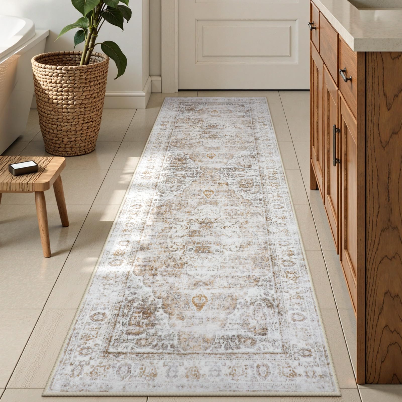 Uphome Bathroom Runner Rug, Distressed Tribal Farmhouse Light Khaki Bathroom Mat, Large Bathroom Rugs Non Slip Washable, Oriental Retro Boho Bath Mat