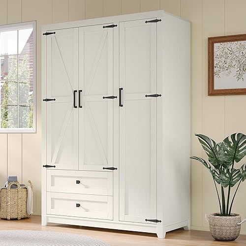 Miniatura 3 de AMERLIFE Armario rústico de 3 puertas con 2 cajones y barra para colgar, armario grande de 47 pulgadas con estantes ajustables, organizador de ropa
