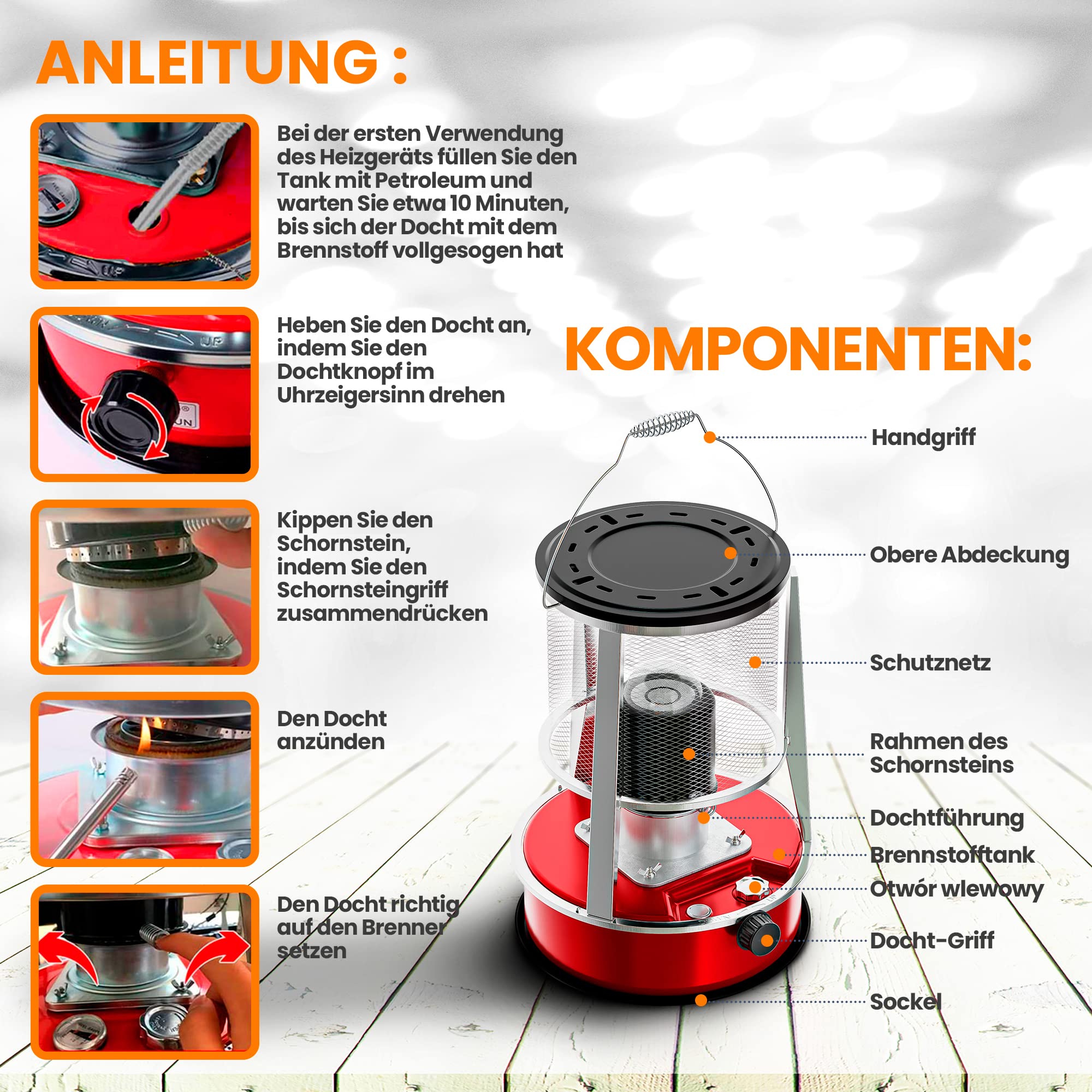 Extralink Aladdin, Tragbare Petroleumofen, Tankinhalt 4,6L, Heizleistung 2600W, Hält bis zu 18 Stunden lang warm, Petroleumheizung kann als Campingkocher verwendet werden, Zelt Heizung