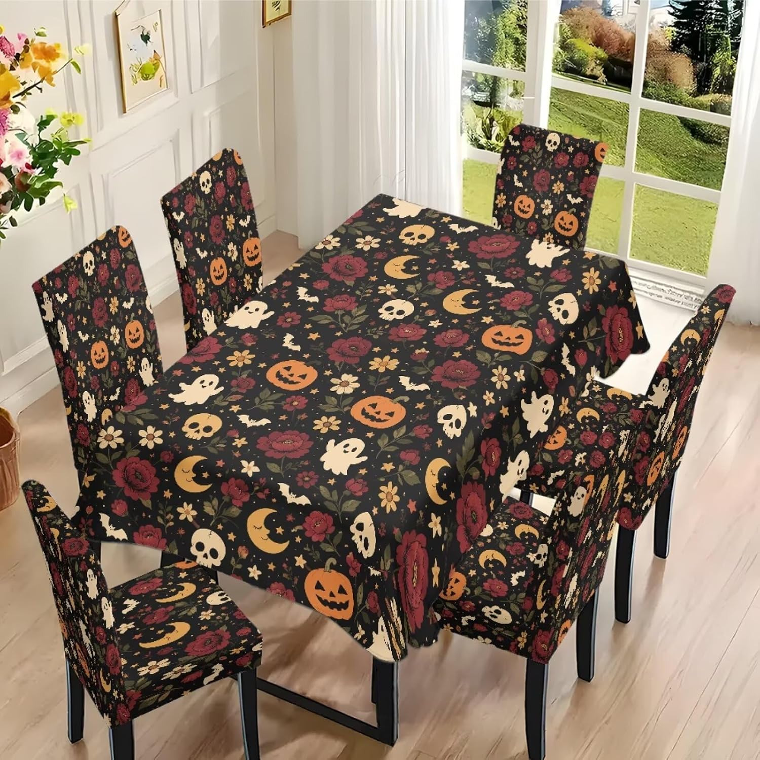 Halloween Table Cover and Dining Chair Slipcovers Set of 7, Stretch Removable Seat Covers Rectangle Table Cloth Anti-dust Parsons Chair Slipcovers, Halloween Rose Skull Ghost Print Black