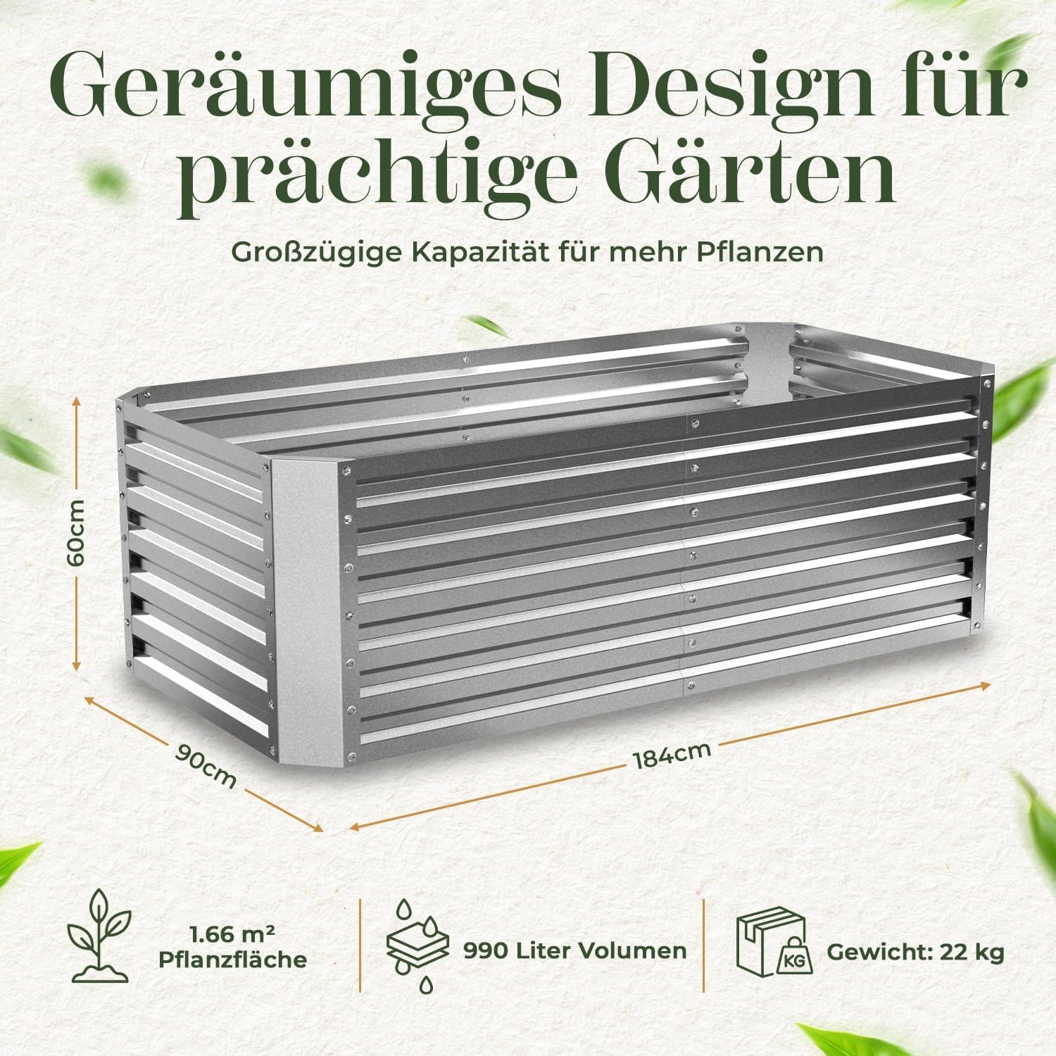 Gabiona | Hochbeet Metall verzinkt 184x90x60 cm – Großes Hochbeet für Garten, Gemüse, Kräuter & Blumen – Wetterfest, rostfrei, stabil – 990 L Volumen – Pflanzkasten rechteckig