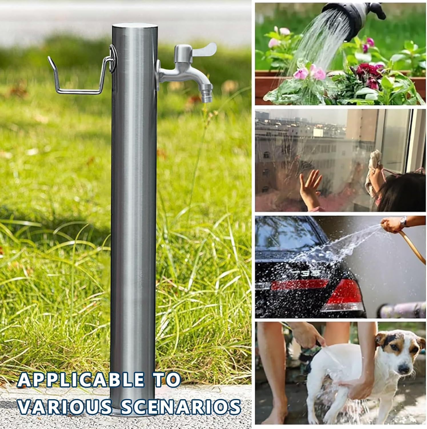Stainless Steel Cylindrical Vertical Garden Water Column，Outdoor Floor Mounted Water Tap Freestanding Hose Stand with Faucet，Yard Hydrant Water Feature Fountain(Height 50cm/19.7in)