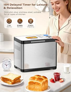 2lb Programmable Bread Maker with Healthy Ceramic Pan, Automatic Stainless Steel Bread Maker Machine UK, 19 Programmes inc Gluten‑Free & Sourdough, 70 Recipes, 15h Timer,1h Keep Warm,3 Crust Settings