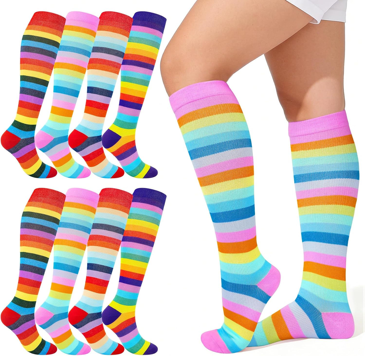 8 Pairs Compression Socks for Women Men L/XL (15-20mmhg) -Easy on Knee High Compression Socks Men Providing Support Light Compression Stockings for Women Nurses and Flying