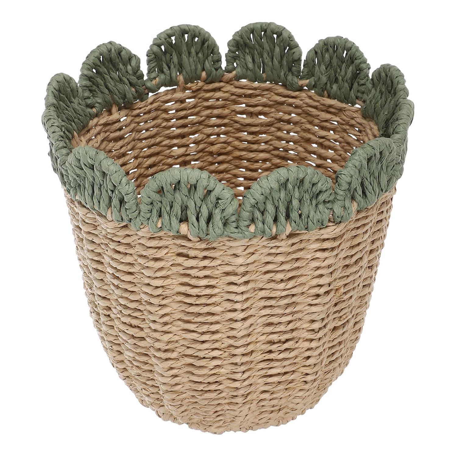 Handwoven Scalloped Edge Paper Rope Storage Basket Multifunctional Trash Can for Bedroom Desk Organization, Sturdy Paper Rope Organizer Bin for Home and Office Use