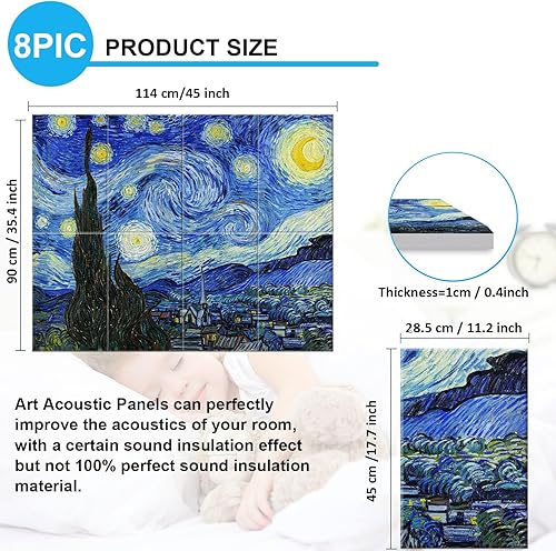 Miniatura 2 de JBER Paneles acústicos artísticos, paquete de 8 paneles acústicos para decoración de pared con autoadhesivos, paneles de absorción de sonido para