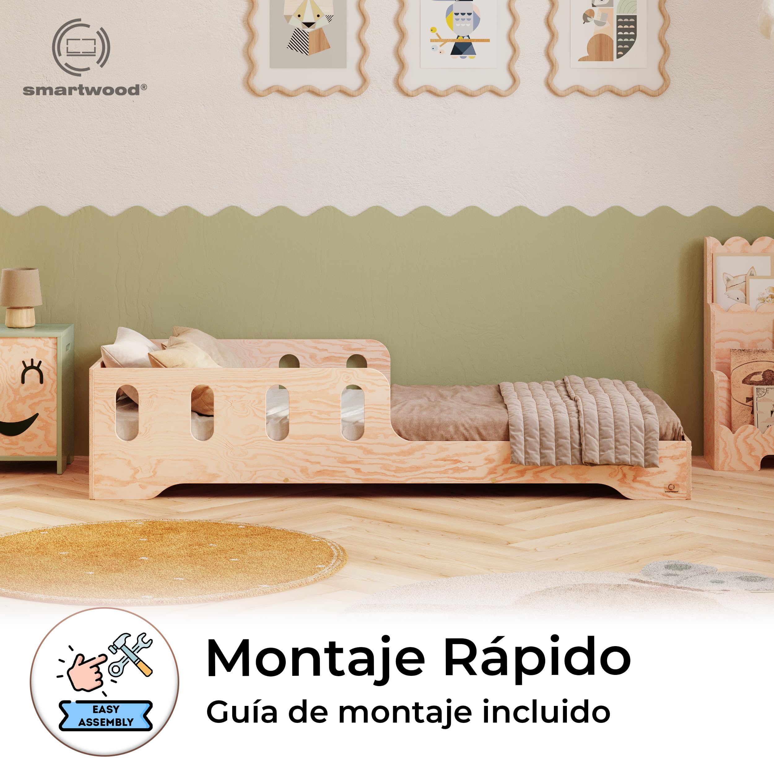 smartwood Cama Montessori 90x190 cm Madera - Cama Infantil de Madera con Certificado FSC, con Barrera Anticaídas y Somier Flexible para 230 kg - para Niño y Niña - Montaje Sencillo - TILA 6
