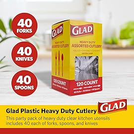 Glad Plastic Heavy Duty Clear Cutlery, 120ct Mixed Forks, Knives, and Spoons| 120 Pieces Set of Heavy Duty Disposable Party Utensils, Sturdy Cutlery