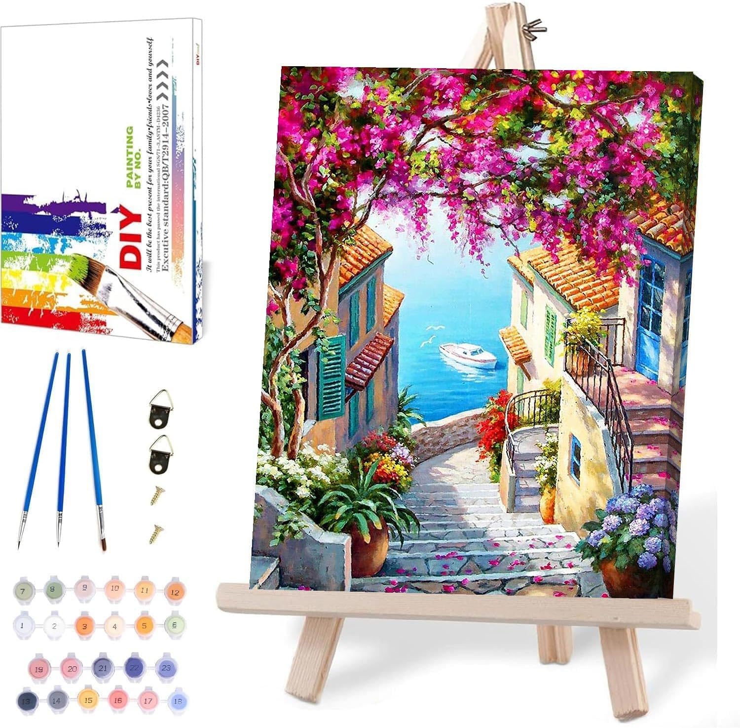 DIY Scenery Paint by Numbers Kit for Adults with Framed Canvas,Landscape Beach Digital Oil Painting Kit for Beginners,Acrylic Paint by Number Kits with Wooden Easel for Holiday Gifts 12X16 Inch.