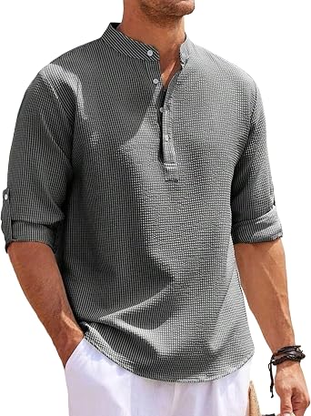Hodaweisolp Long Sleeve Waffle Henley Shirts for Men Casual Lightweight Textured Button T-Shirt